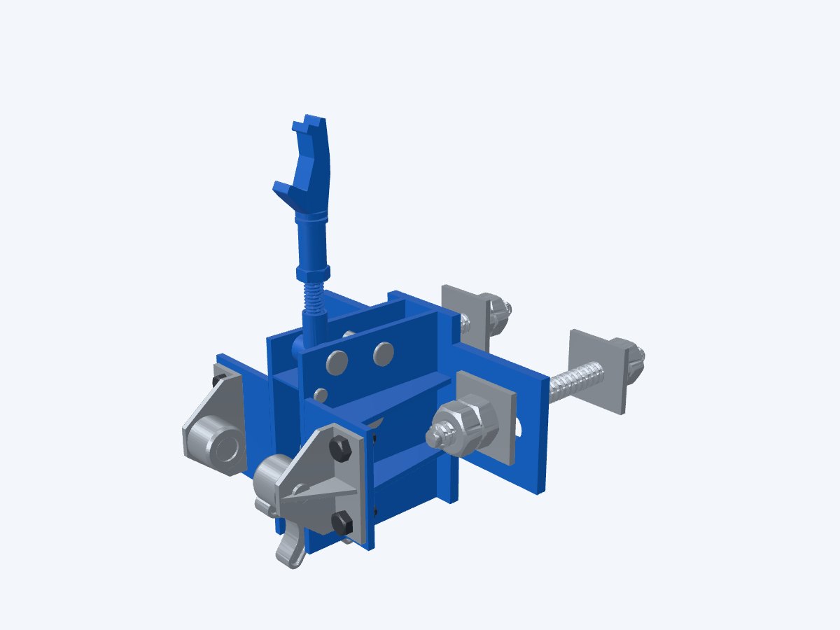 Rendered view of the AJA-IV wall support CAD model: side plates, a forked top rod, pulleys, anti-fall parts and screw rods with nuts and washer plates.